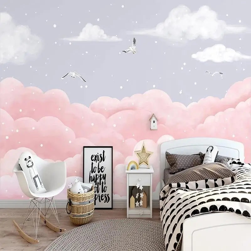 Papier Peint Enfant – Nuages Roses et Oiseaux Oniriques