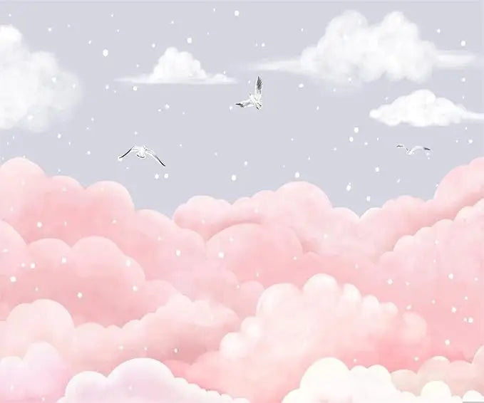 Papier Peint Enfant – Nuages Roses et Oiseaux Oniriques