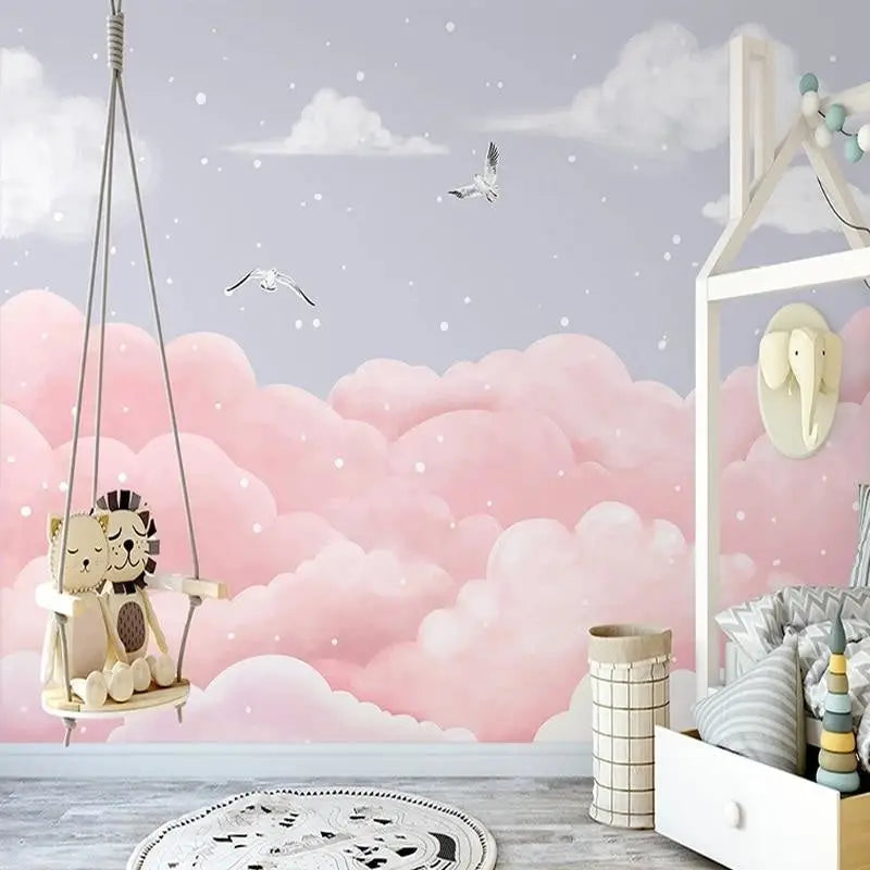 Papier Peint Enfant – Nuages Roses et Oiseaux Oniriques