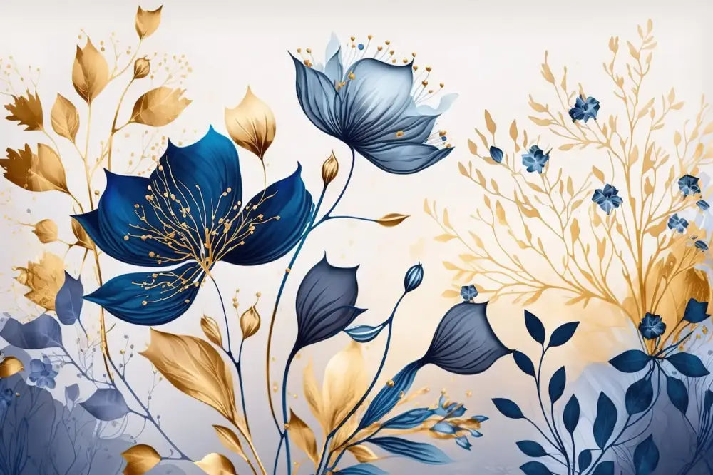 Papier Peint Contemporain - Floral Bleu Et Jaune