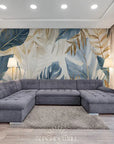Papier Peint Design - Feuillage Tropical Gris Bleu Et Doré