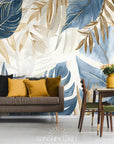 Papier Peint Design - Feuillage Tropical Gris Bleu Et Doré