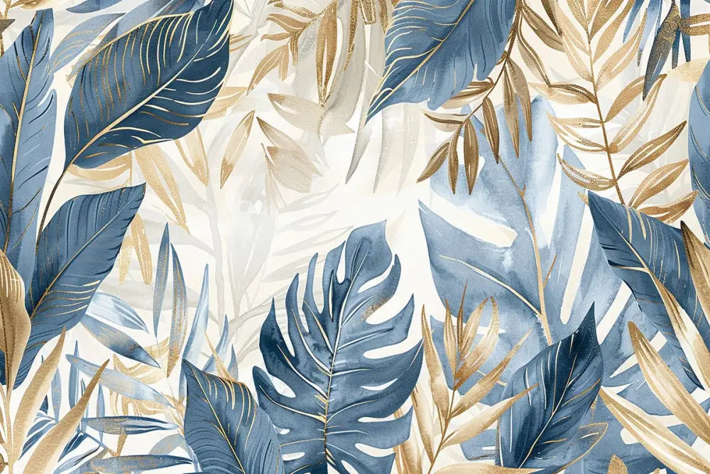 Papier Peint Design - Feuillage Tropical Gris Bleu Et Doré