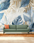 Papier Peint Design - Feuillage Tropical Gris Bleu Et Doré