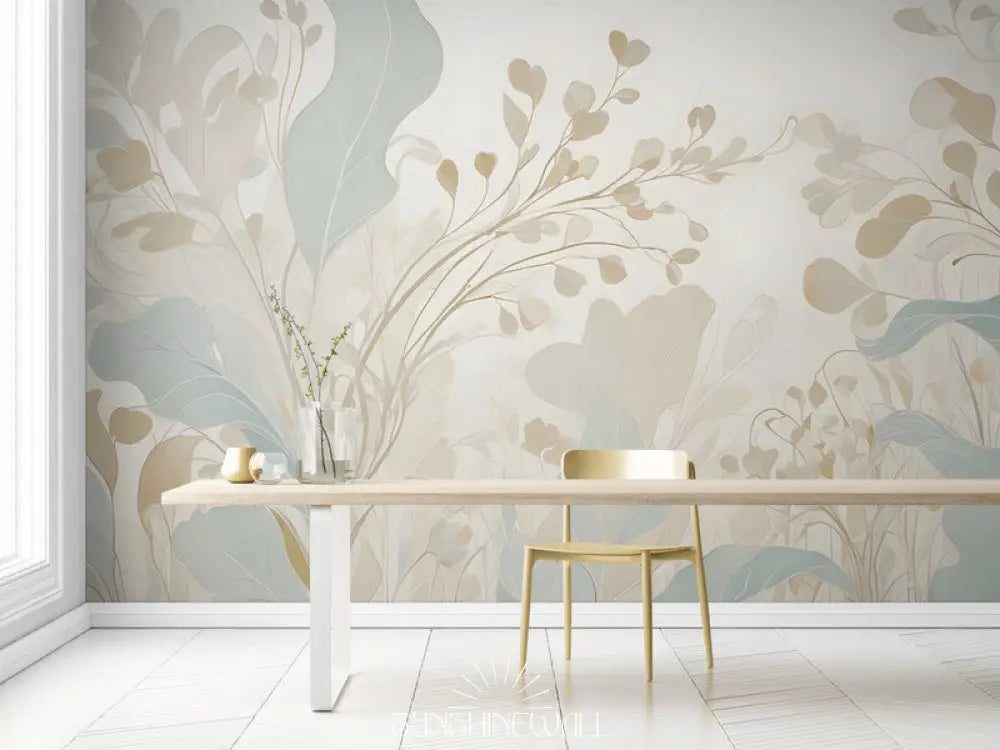 Papier Peint Design - Floral Bleu Et Beige