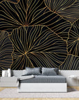 Foliage Wallpaper – Large Golden Palms on a Black Background