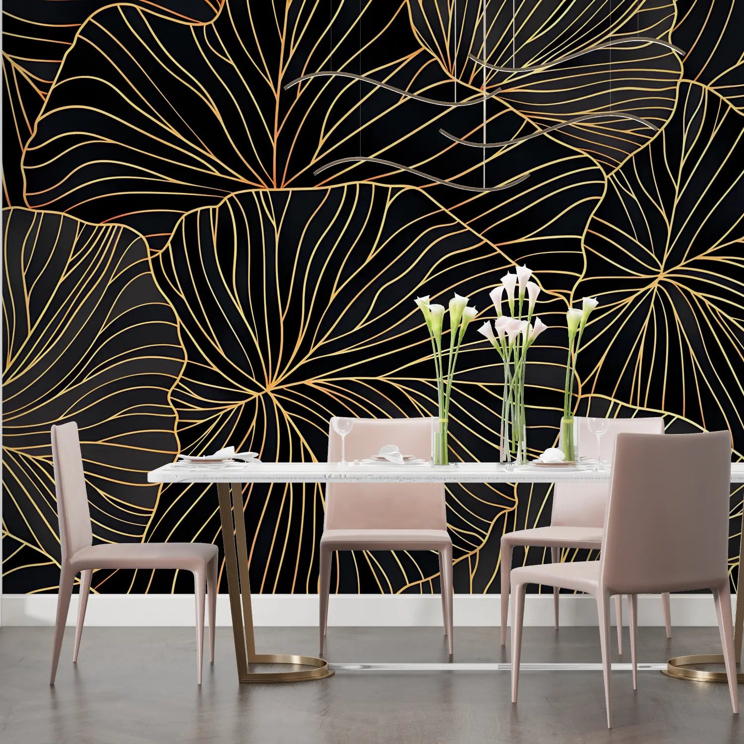 Foliage Wallpaper – Large Golden Palms on a Black Background