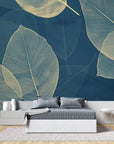 Foliage Wallpaper – Golden Leaves on Blue Background