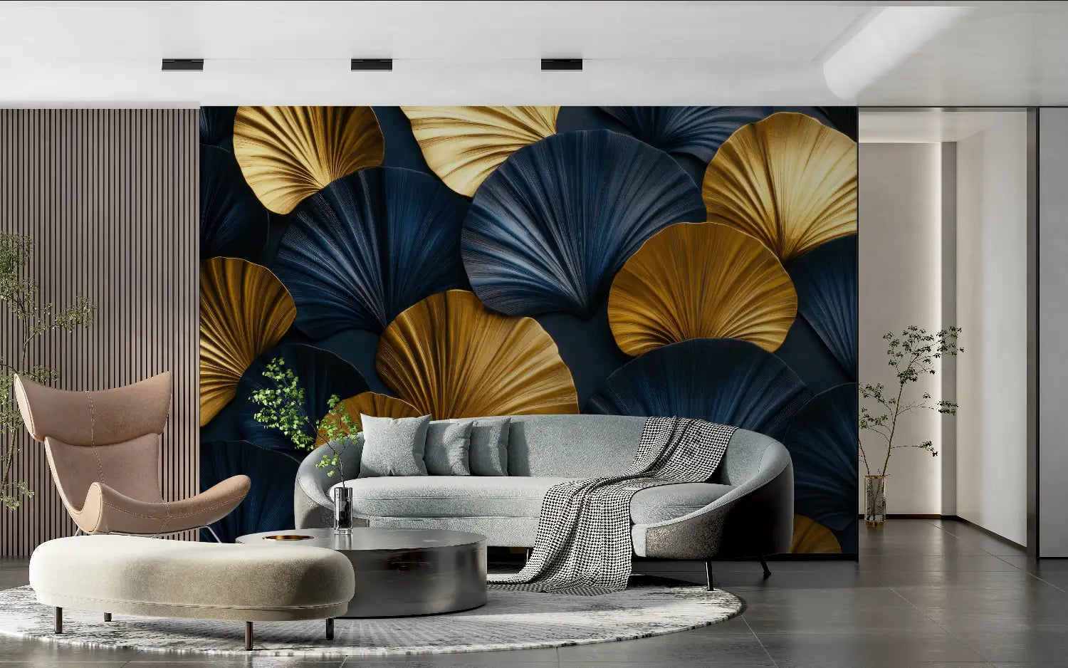 Art &amp; Deco Wallpaper – Gold and Midnight Blue Fans