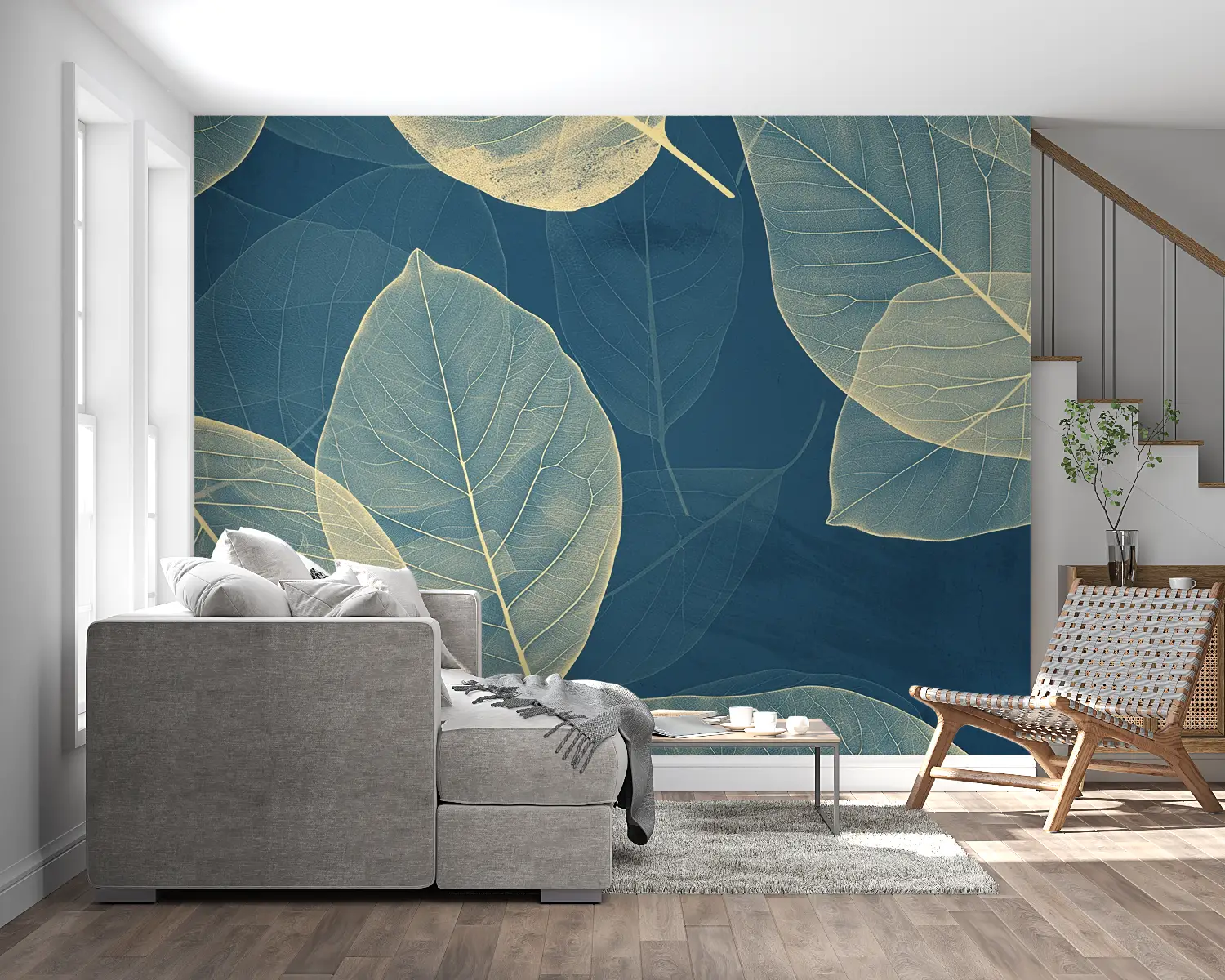 Papier Peint Feuillage – Feuilles Dorées sur Fond Bleu