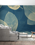 Foliage Wallpaper – Golden Leaves on Blue Background