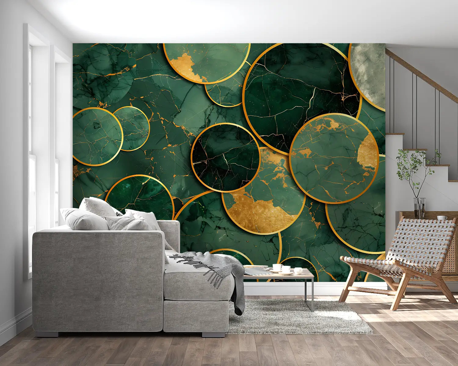 Papier Peint Géométrique – Cercles Marbrés en Vert et Or