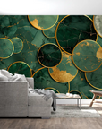 Papier Peint Géométrique – Cercles Marbrés en Vert et Or