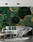 Papier Peint Géométrique – Cercles Marbrés en Vert et Or