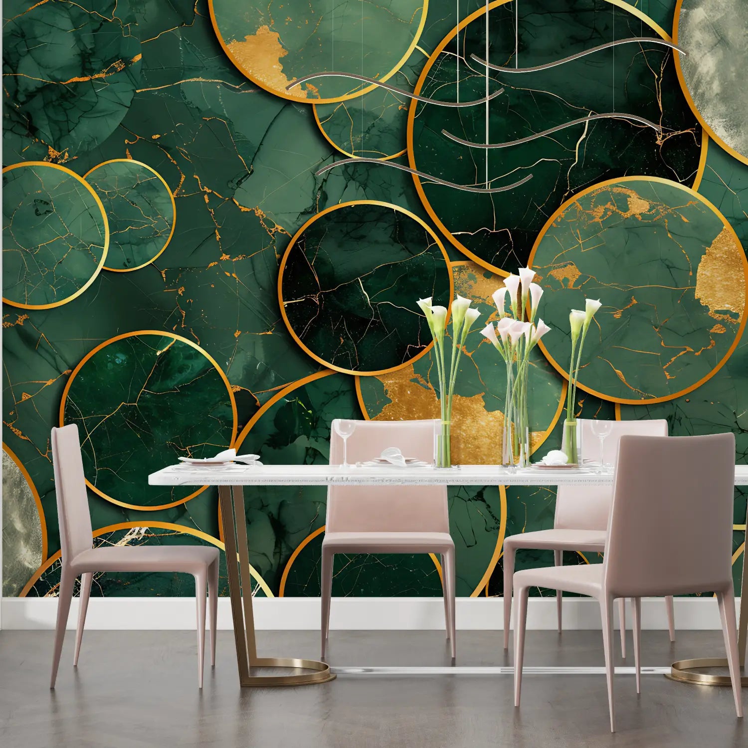 Papier Peint Géométrique – Cercles Marbrés en Vert et Or