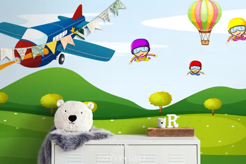 Papier Peint Enfant - Avion Et Montgolfière Colorée