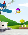Papier Peint Enfant - Avion Et Montgolfière Colorée