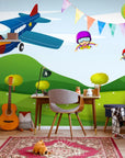 Papier Peint Enfant - Avion Et Montgolfière Colorée