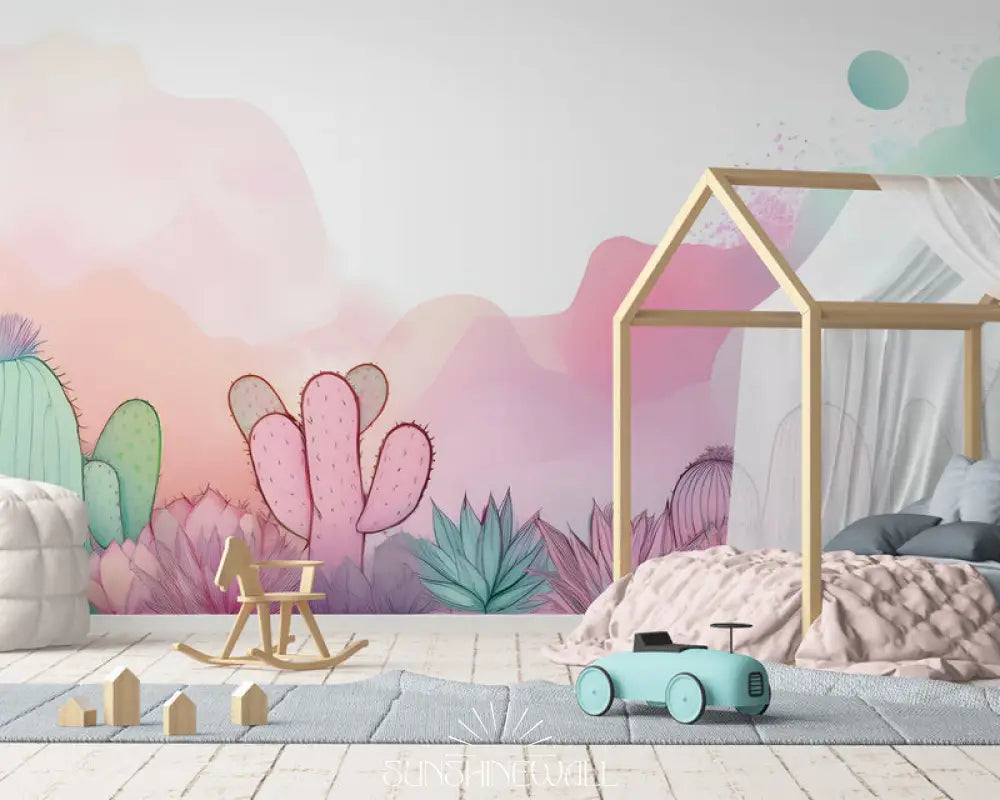Papier Peint Enfant - Cactus Pastel Et Papillons