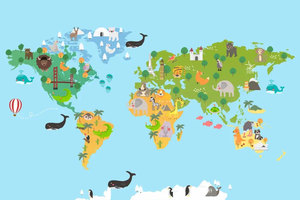 Papier Peint Enfant - Carte Du Monde Des Animaux