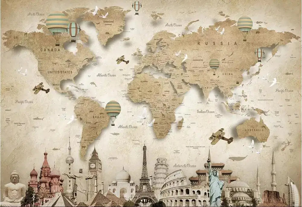 Papier Peint Enfant - Carte Du Monde Et Monuments