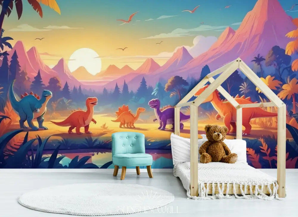 Papier Peint Enfant - Coucher De Soleil Dinosaures