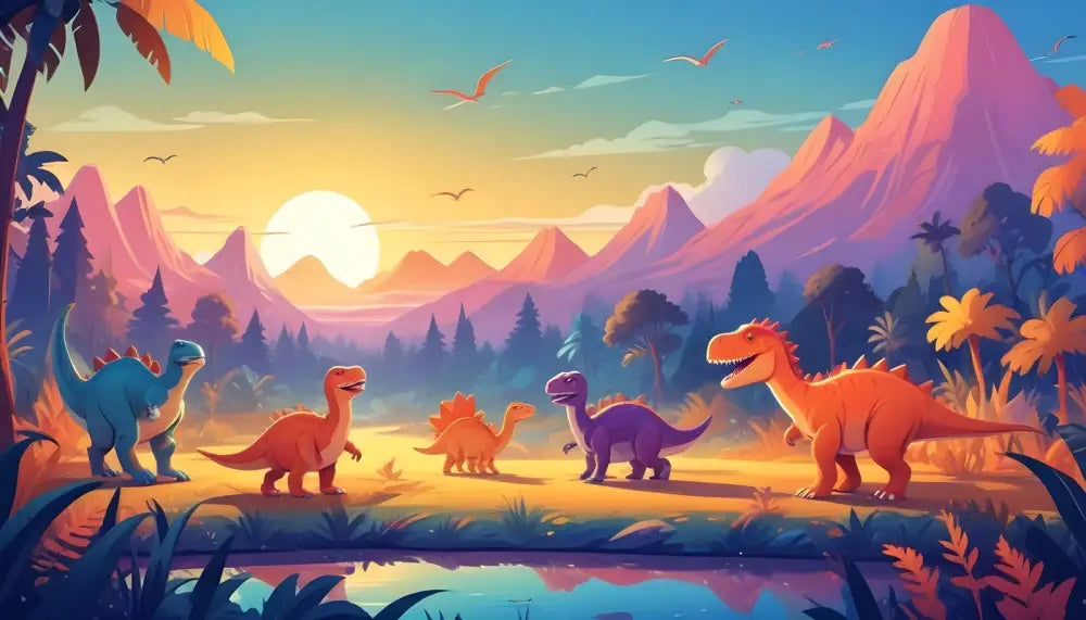 Papier Peint Enfant - Coucher De Soleil Dinosaures