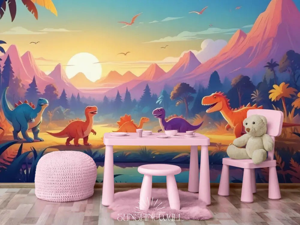 Papier Peint Enfant - Coucher De Soleil Dinosaures