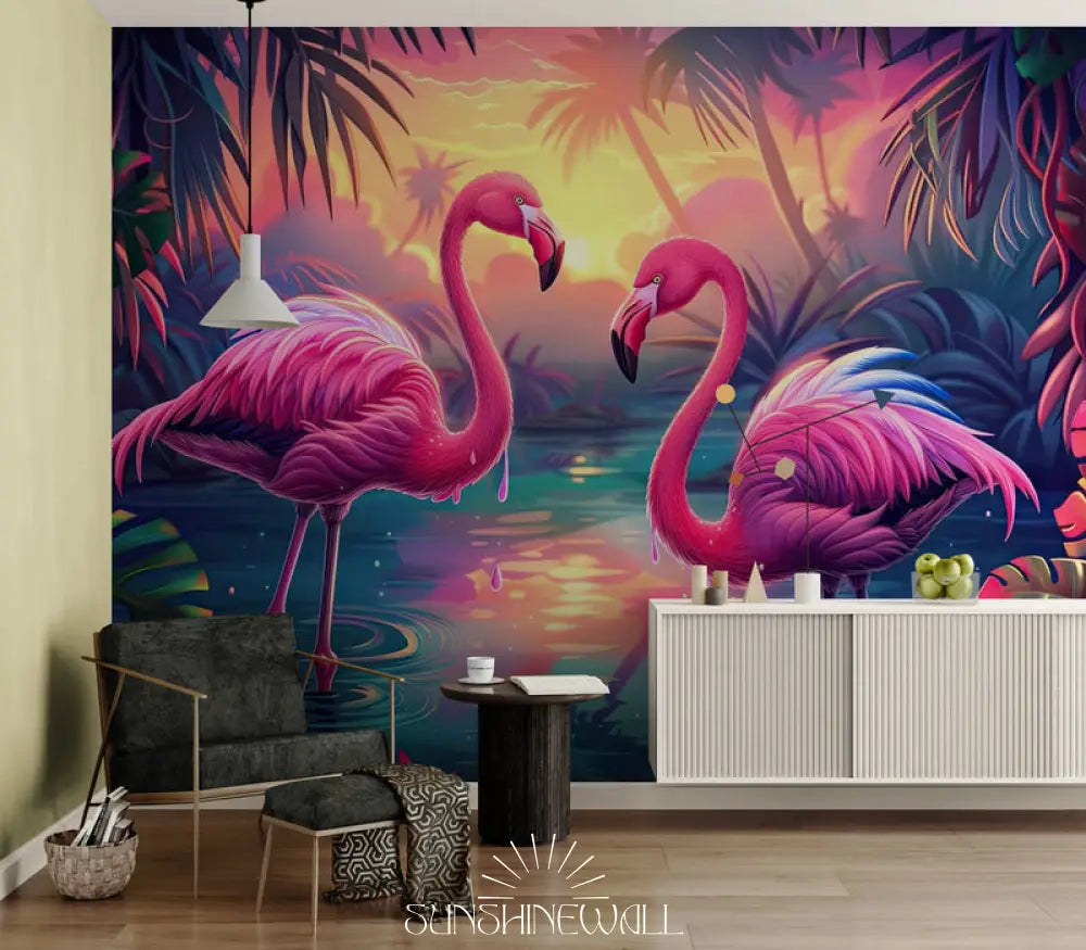 Papier Peint Enfant - Flamants Roses Dans L’eau