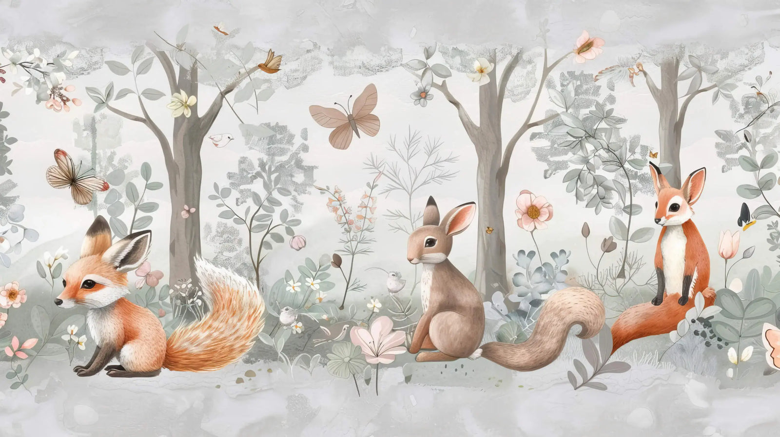 Children's Wallpaper - Floral Foxes and Rabbits