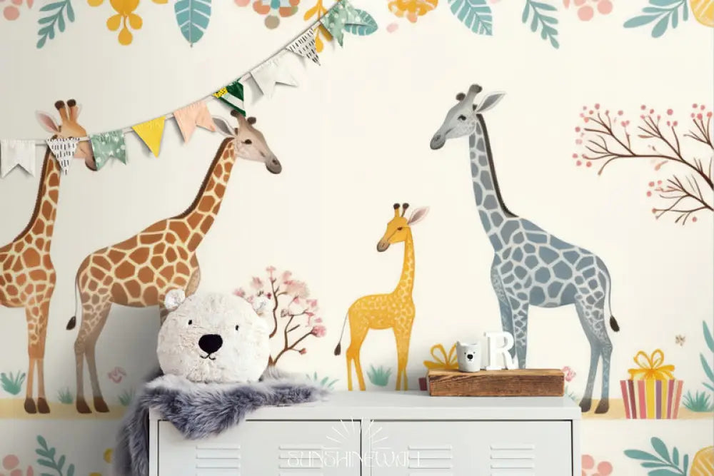 Papier Peint Enfant - Girafes Et Arc-En-Ciel