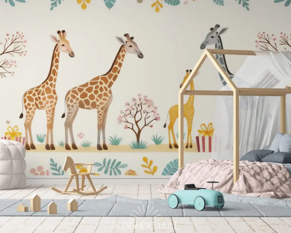 Papier Peint Enfant - Girafes Et Arc-En-Ciel