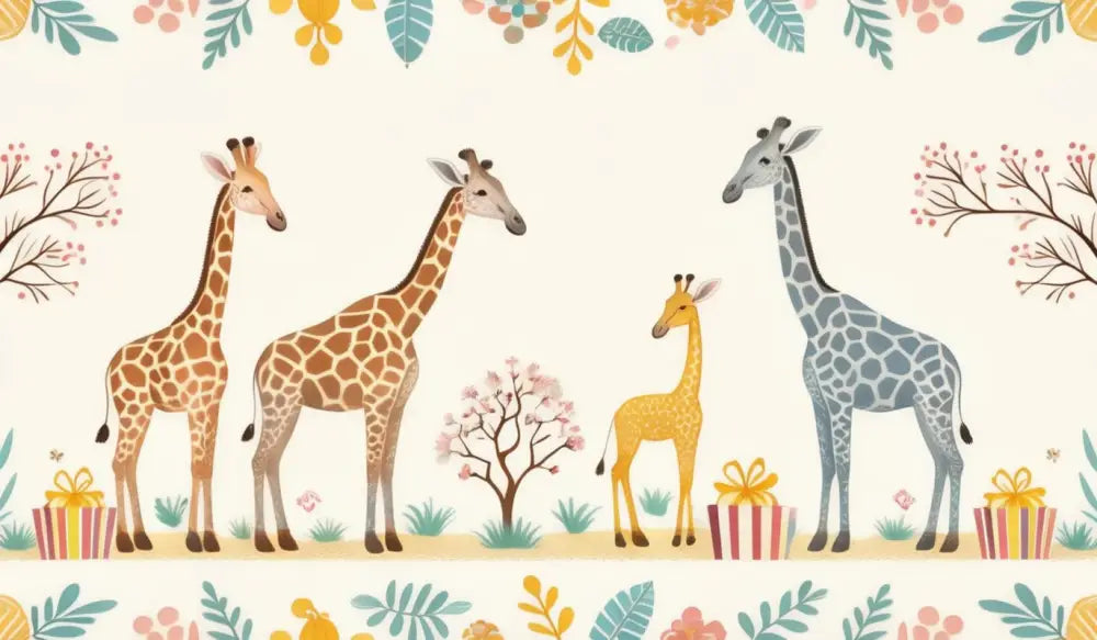 Papier Peint Enfant - Girafes Et Arc-En-Ciel