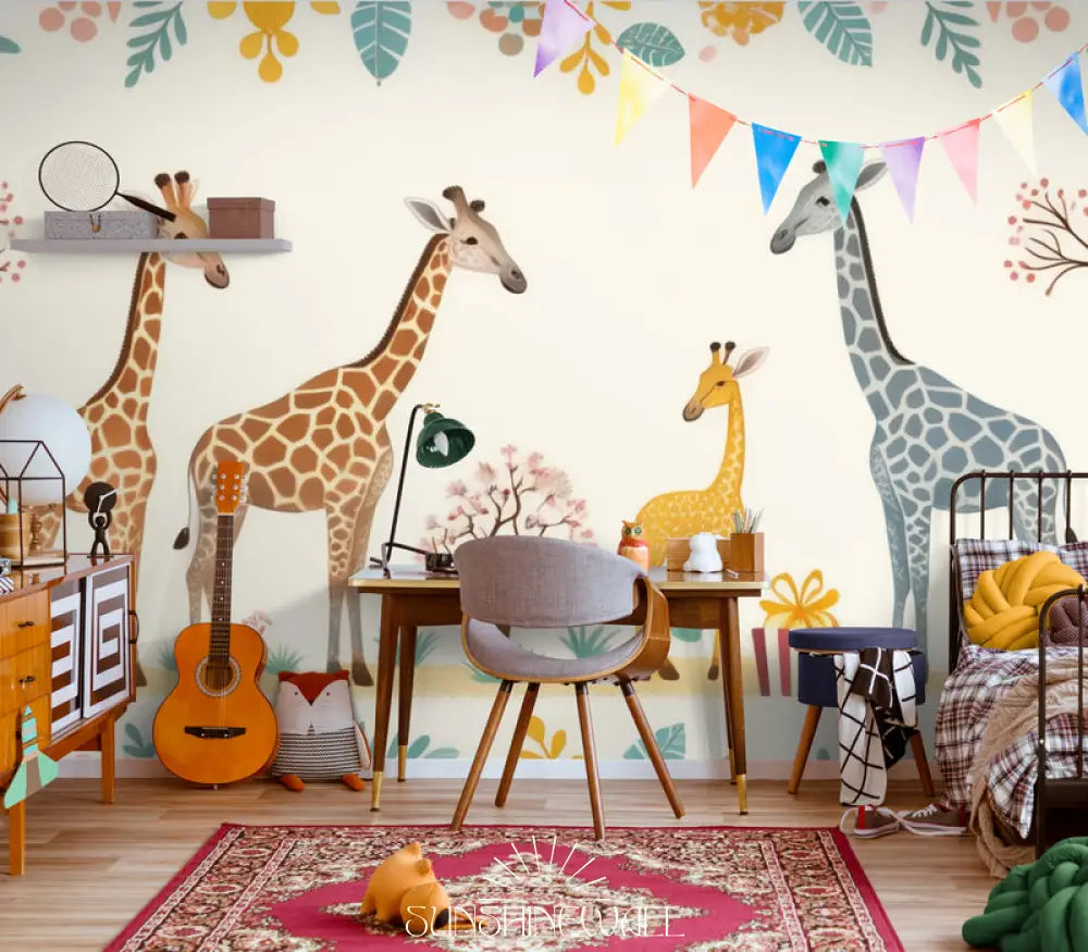 Papier Peint Enfant - Girafes Et Arc-En-Ciel