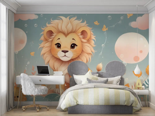 Papel tapiz infantil - Leoncino, globos y florecitas