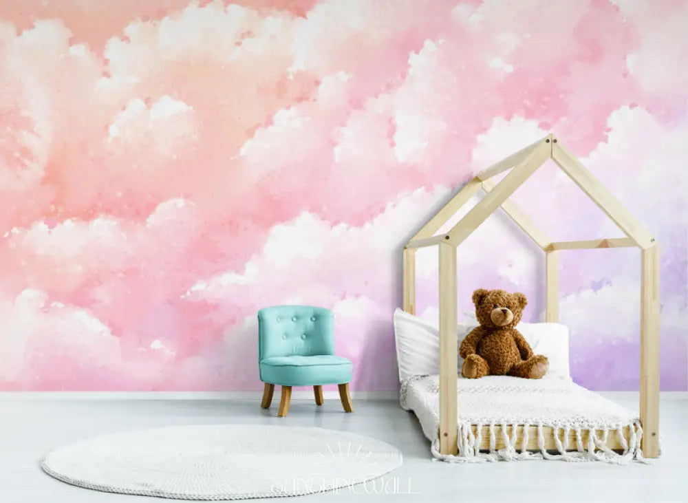 Papier Peint Enfant - Nuages Roses Nordiques