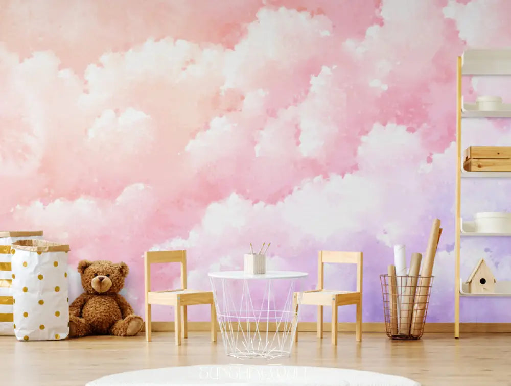 Papier Peint Enfant - Nuages Roses Nordiques