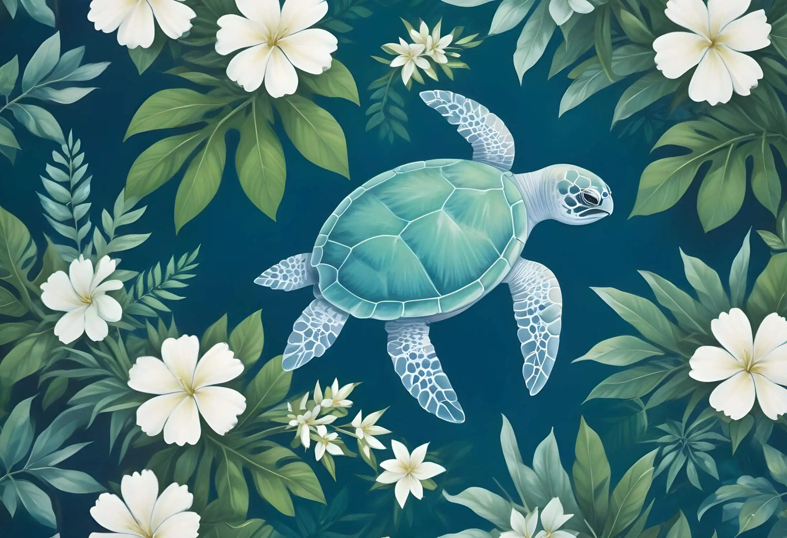 Tropical Wallpaper - Turtle and Pacific Flowers