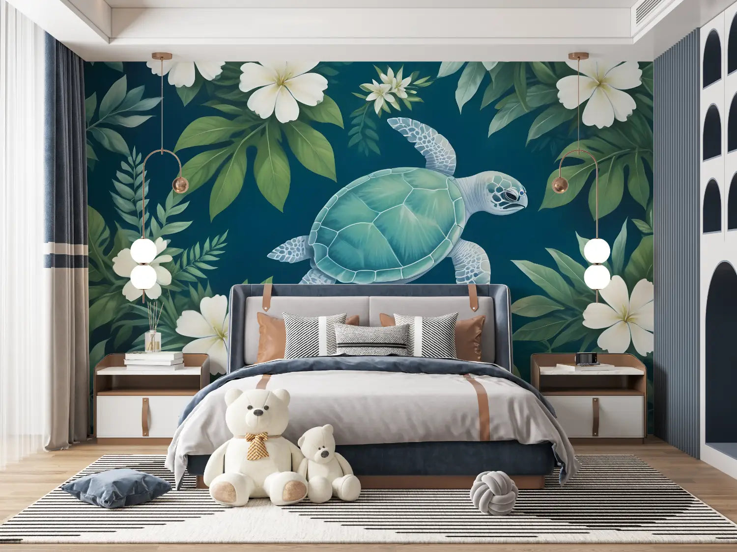 Tropical Wallpaper - Turtle and Pacific Flowers
