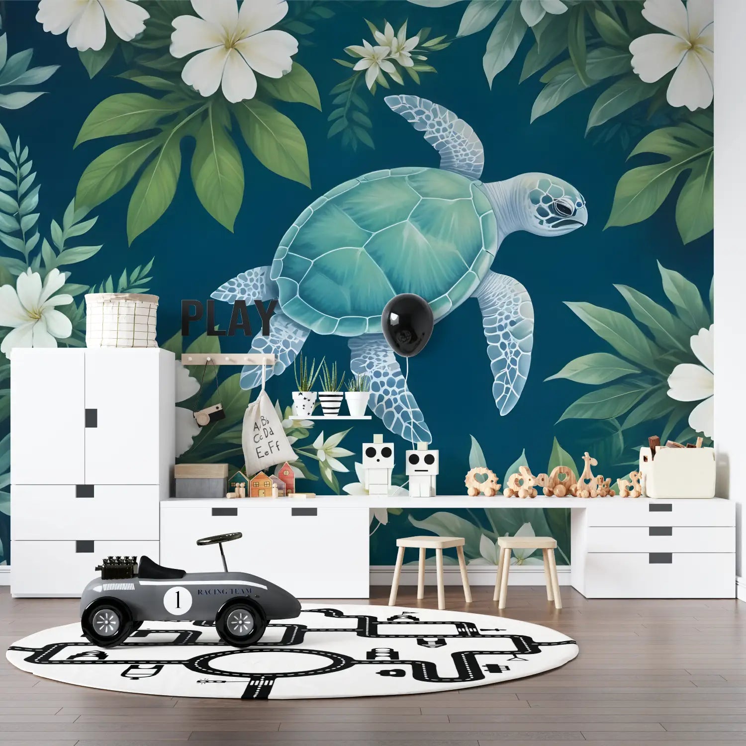 Tropical Wallpaper - Turtle and Pacific Flowers
