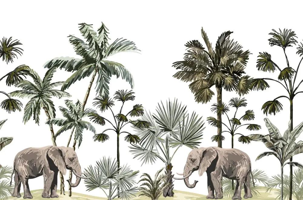 Papier Peint Exotique - Éléphant Et Plantes Tropicales