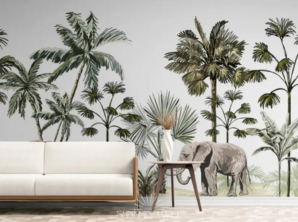 Papier Peint Exotique - Éléphant Et Plantes Tropicales