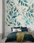 Papier Peint Feuillage - Branches Bleu-Vert