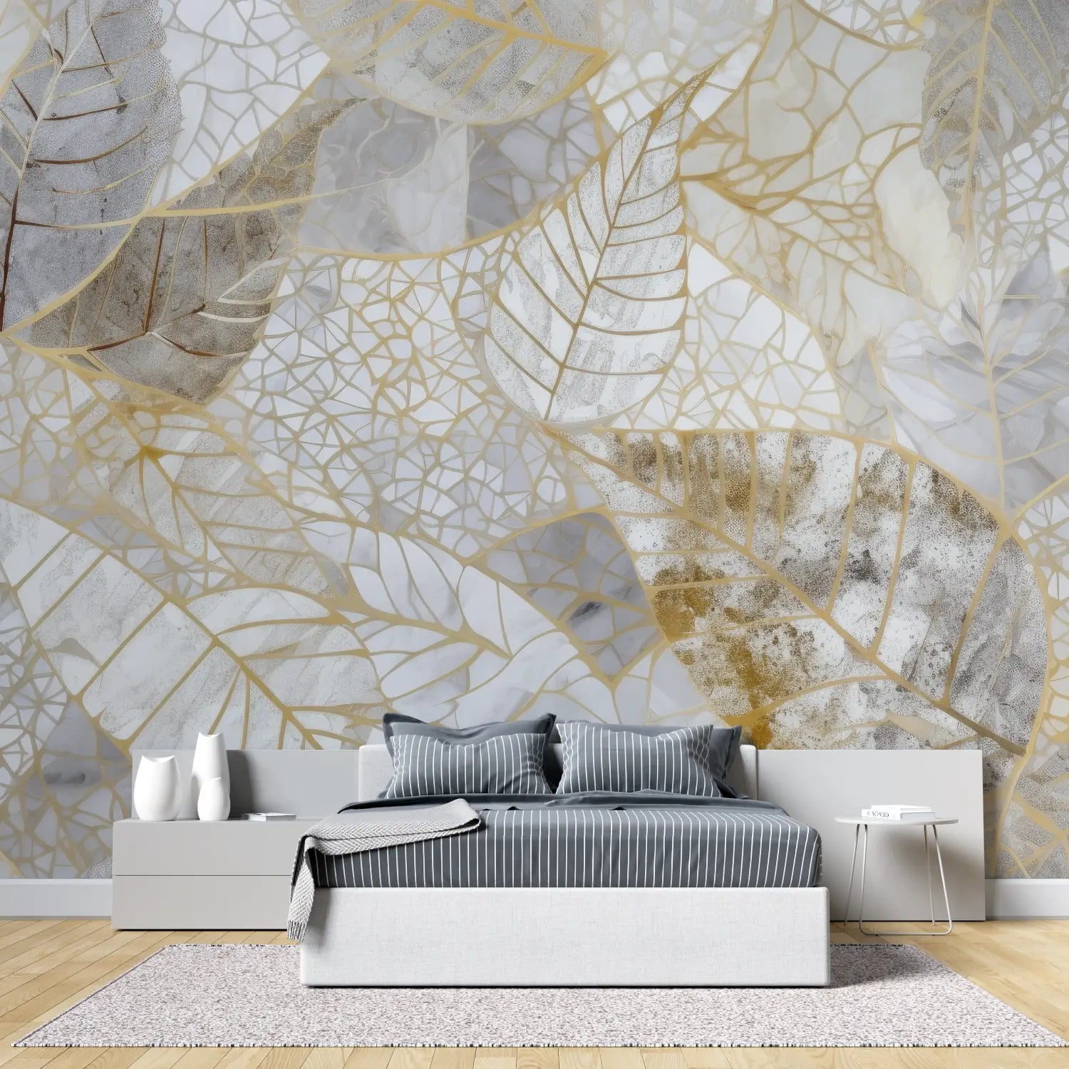 Papier Peint Feuillage – Feuilles Squelettes en Blanc et Doré