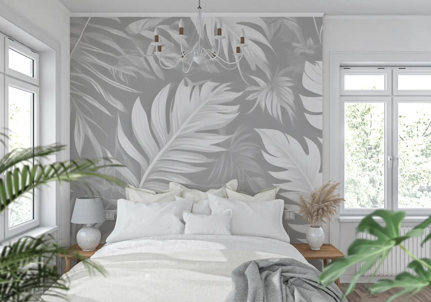 Foliage Wallpaper - Soft Palms in Grey Tones