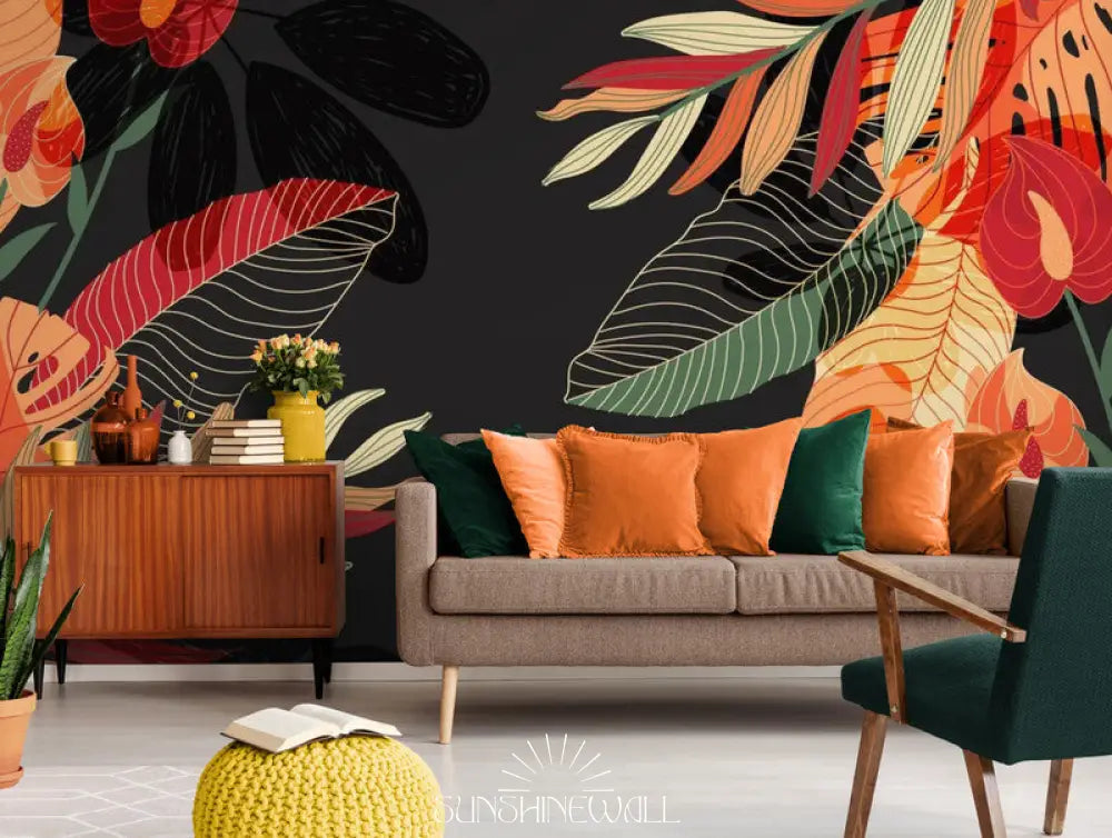 Papier Peint Feuillage - Plantes Tropicales Sur Fond Noir