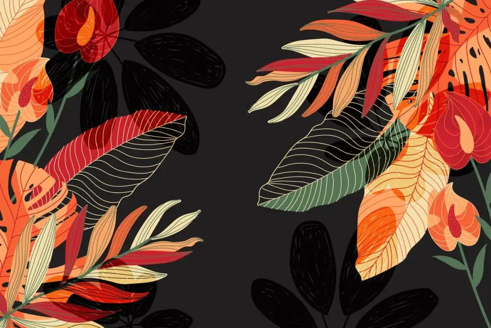 Papier Peint Feuillage - Plantes Tropicales Sur Fond Noir