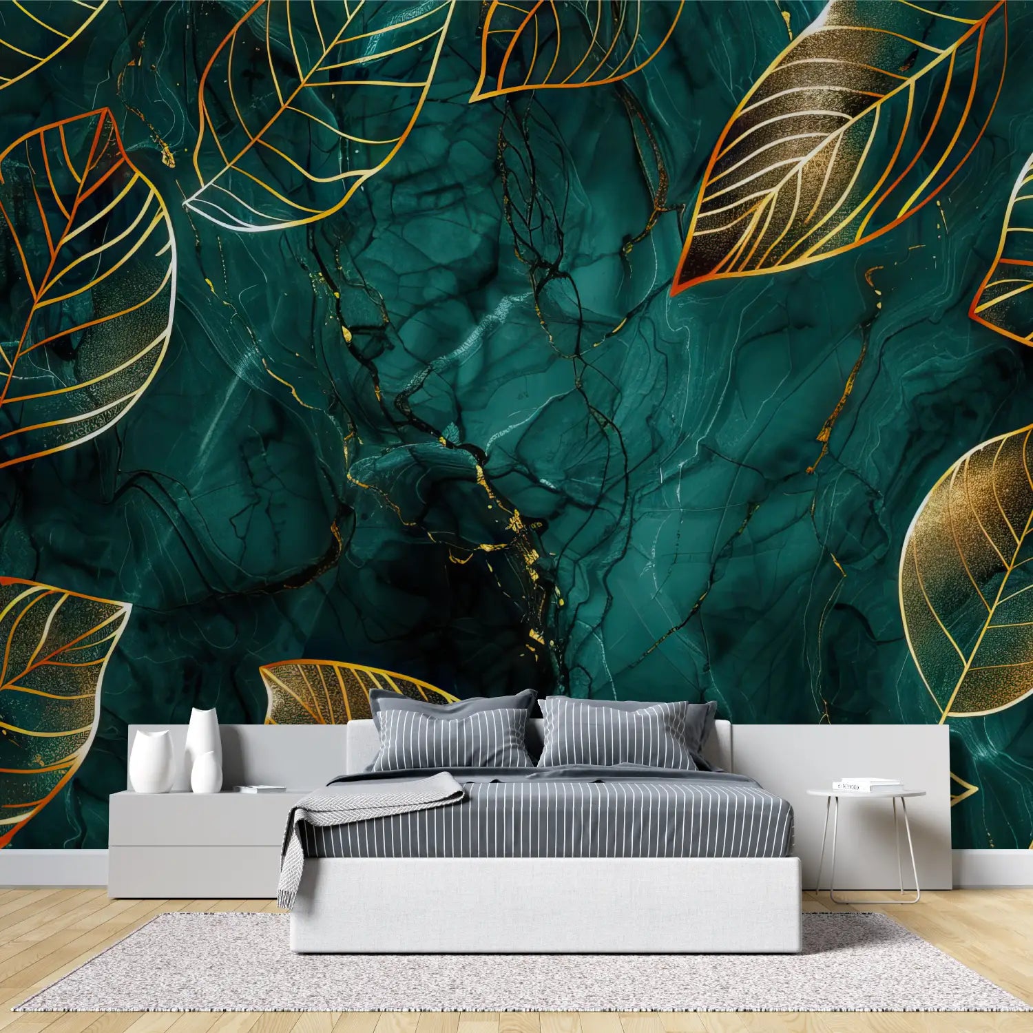 Foliage Wallpaper - Golden Leaves on Emerald