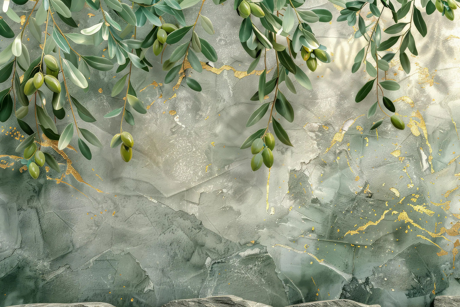 Papier Peint Feuillage – Oliviers et Marbrures d'Or