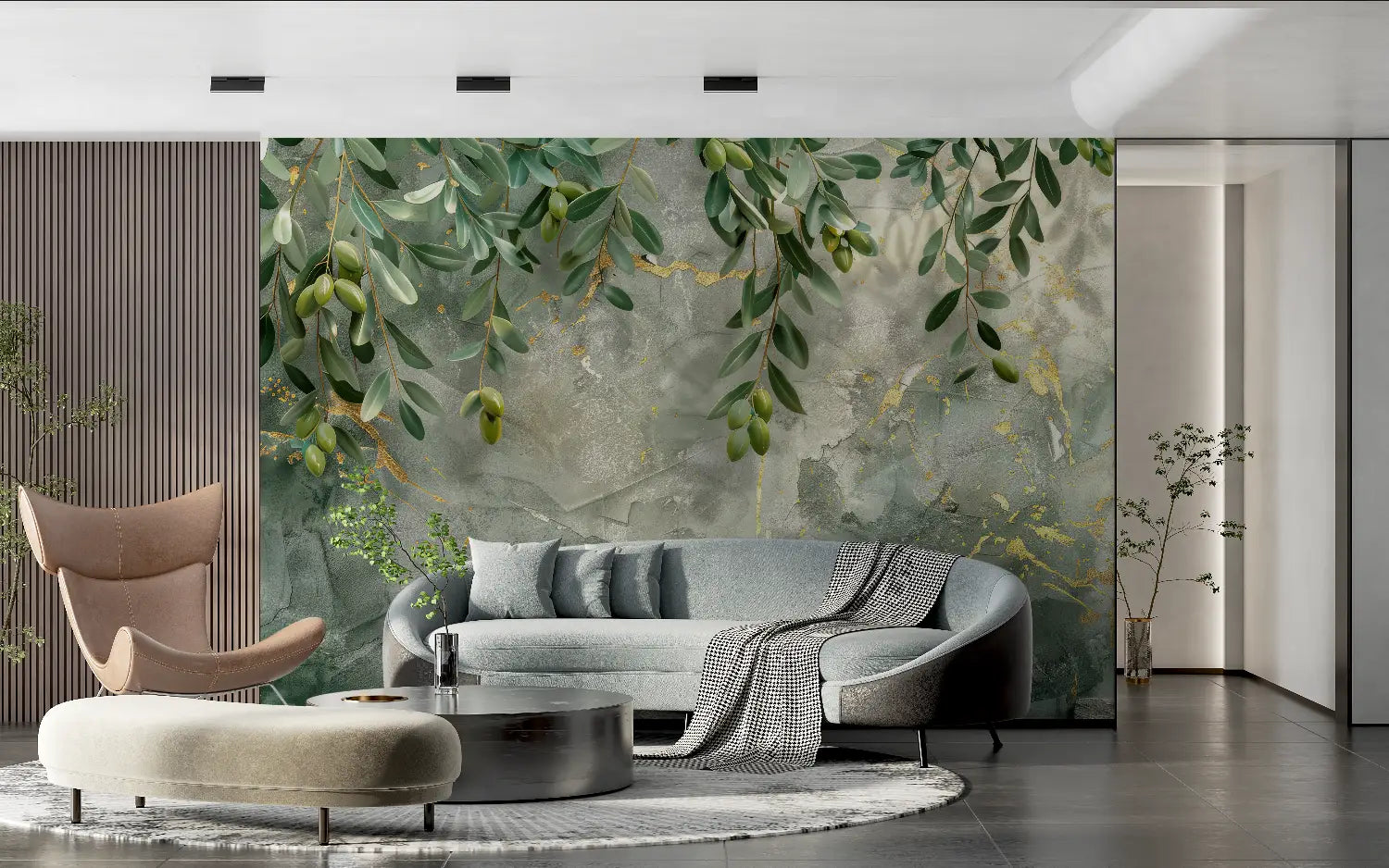 Papier Peint Feuillage – Oliviers et Marbrures d'Or